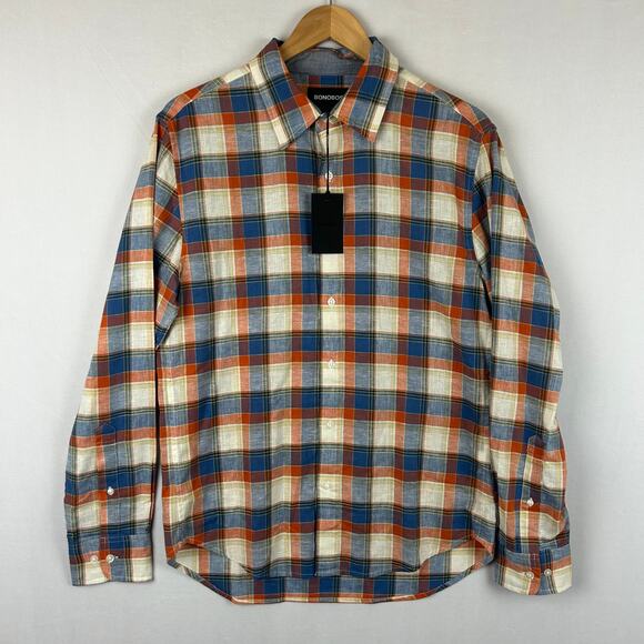 Bonobos Linen Blend Blue Plaid Button Up Shirt Long Sleeve Rust Men's Size M - Picture 1 of 11